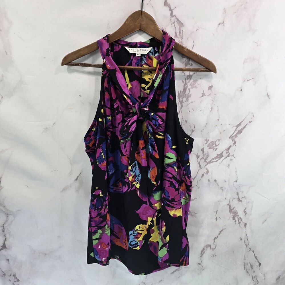 Trina Turk Top Womens 12 Pink Silk Blouse Sleeveless Tank Tie Neck Floral